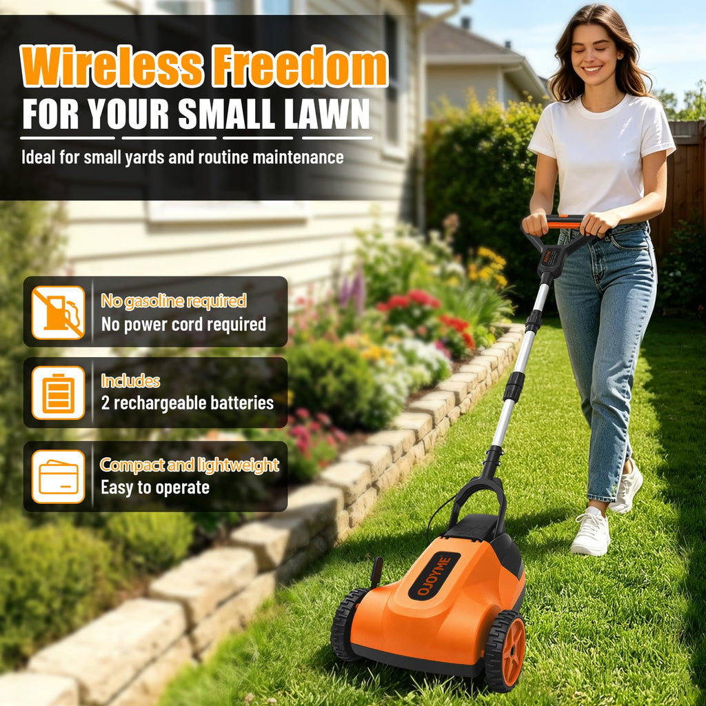 Mini Cordless Lawn Mower, 9 Inch Electric Grass Cutter, Brushless Motor, 2 x 21V 4.0Ah Batteries, 3 Adjustable Cutting Heights, Lightweight Push Mower for Small Yard &amp; Garden (Orange)
