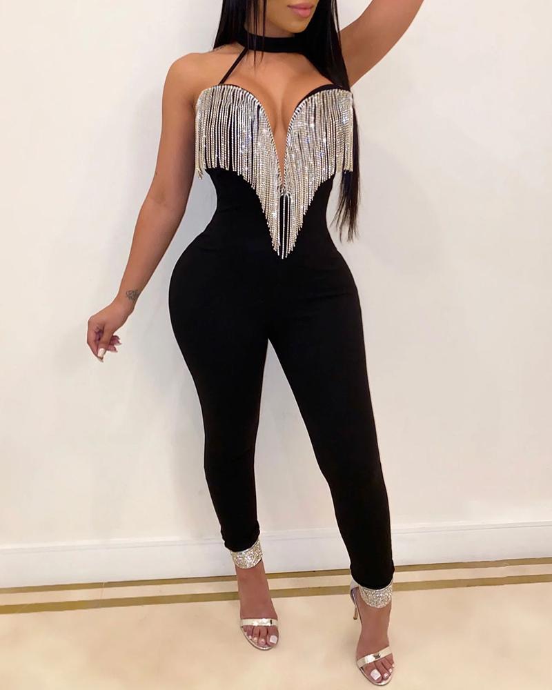 choker sleeveless tassel design jumpsuit