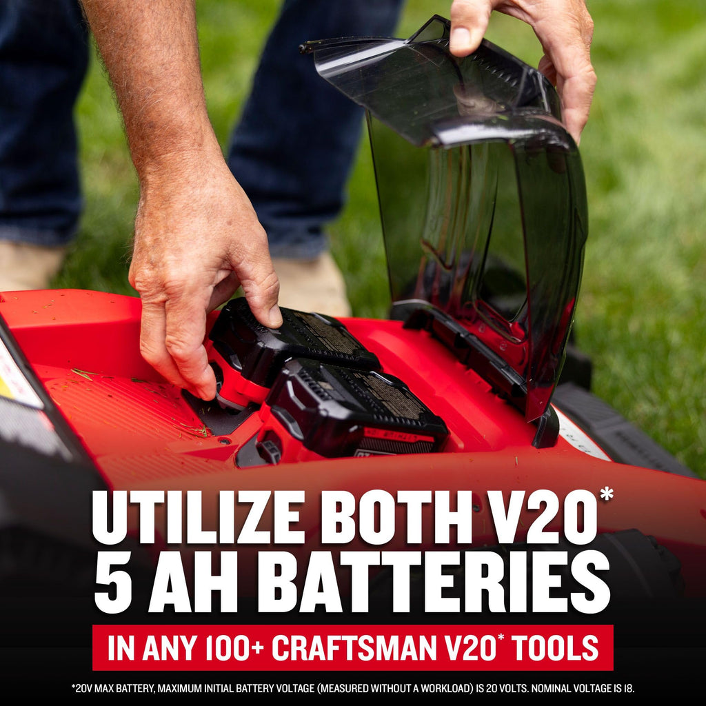 V20 20 in Lawn Mower, 2 x 5Ah Batteries and 2 Chargers Included, High Effeciency Brushless Motor, Push Mower, Up to 50 Min of Runtime, Lightweight, Grass Bag, Low Profile (CMCMW220P2)