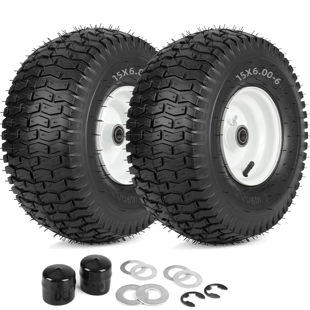 15x6.00-6 Rubber Lawn Mower Tire and Wheel, 2 Pcs Replacement 15x6-6nhs Riding Mowers Lawn Tire and Wheel with Bearing Bore 3/4", 3" Centered Hub