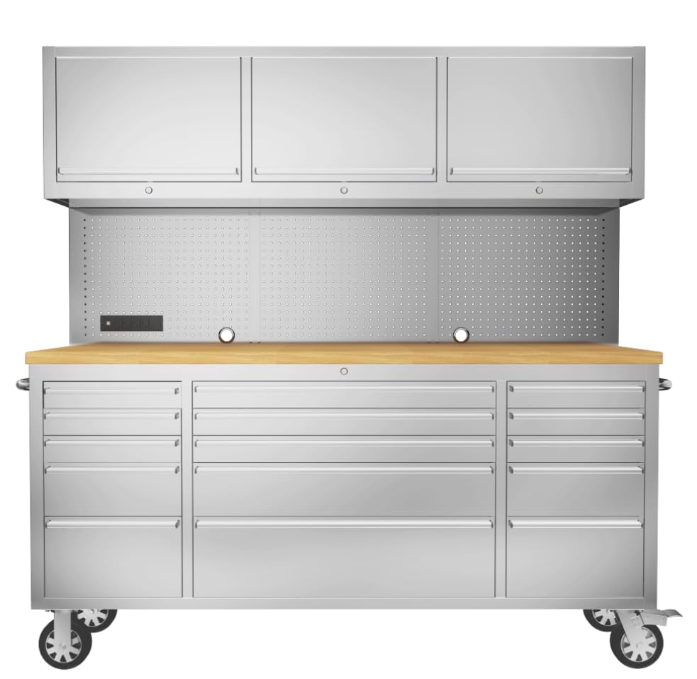 72-inch Rolling Tool Cabinet Mobile Workbench Tool Chest with 15 StoraDrawers, Wheels, 3 Uper Cabinet, Outlet, SS Pegboard,  Steel