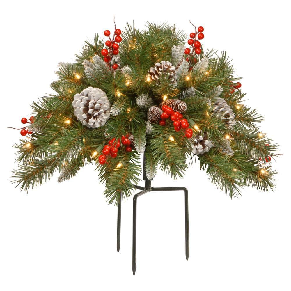 22 in. Frosted Berry Urn Filler w/ Cones, Red Berries, Tripod Stake &amp; 50 Warm White Battery Operated LED Lights w/ Timer