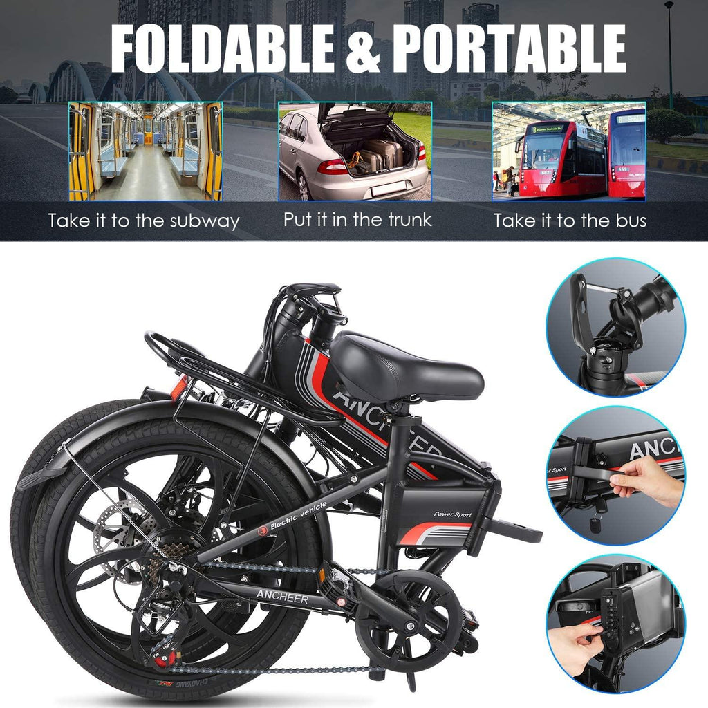 ANCHEER Folding Electric Bike Ebike, 20'' Electric Commuter Bicycle with 10AH Removable Lithium-Ion Battery, 48V 350W Motor and Professional Rear 7 Speed Gear