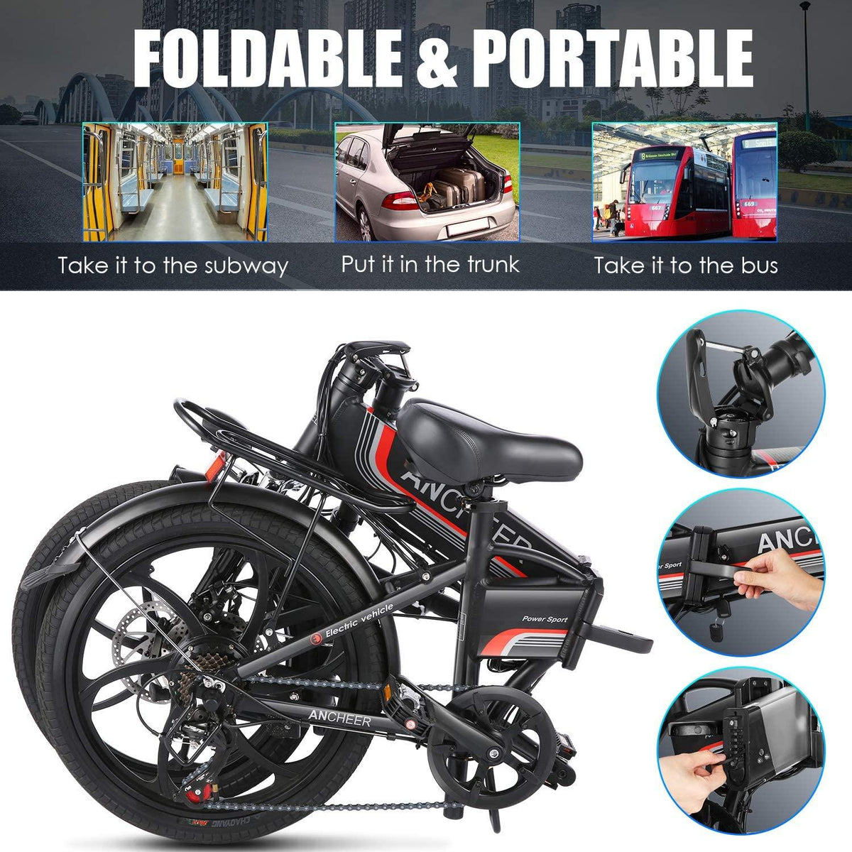 ANCHEER Folding Electric Bike Ebike, 20'' Electric Commuter Bicycle with 10AH Removable Lithium-Ion Battery, 48V 350W Motor and Professional Rear 7 Speed Gear