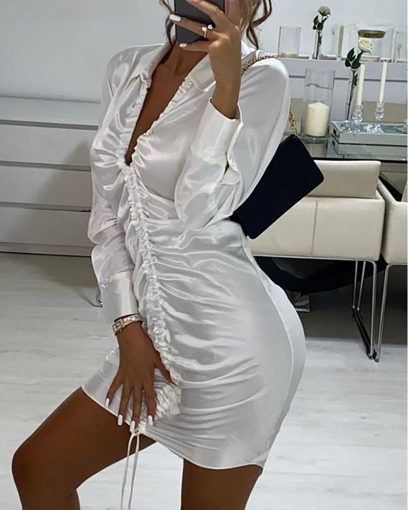long sleeve satin ruched drawstring shirt dress