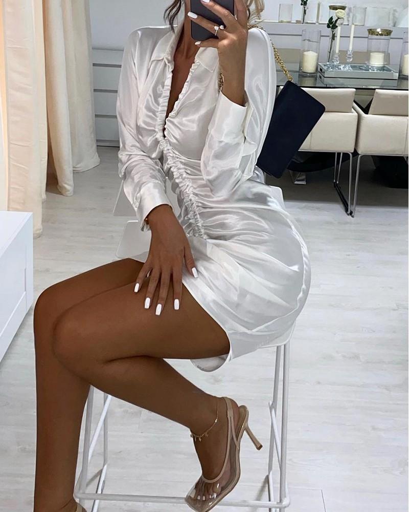 long sleeve satin ruched drawstring shirt dress