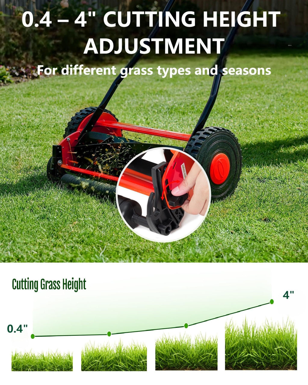 14-Inch Hand Push Reel Lawn Mower, 5-Blade Manual Push Lawnmower, 0.4-4" Adjustable Cutting Height, Lightweight for Small/Medium Yards, Easy Assembly, Compact &amp; Quiet, Red