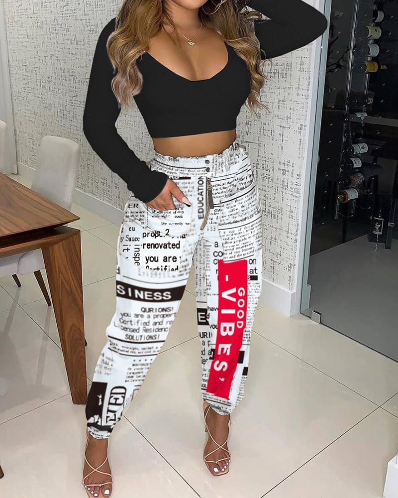 newspaper print zipper pocket design shirring detail casual pants