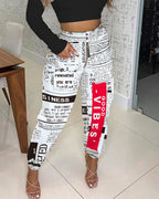 newspaper print zipper pocket design shirring detail casual pants