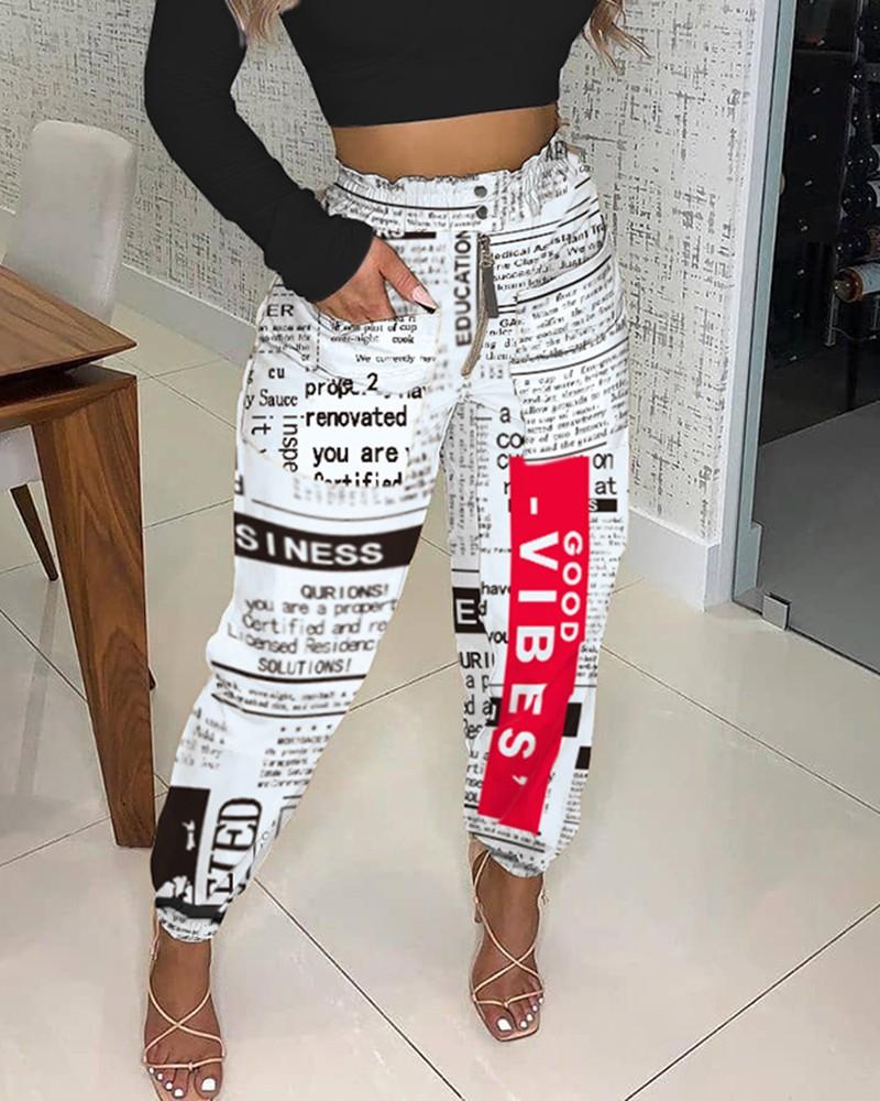 newspaper print zipper pocket design shirring detail casual pants