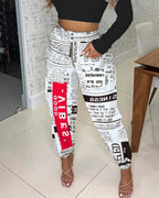 newspaper print zipper pocket design shirring detail casual pants