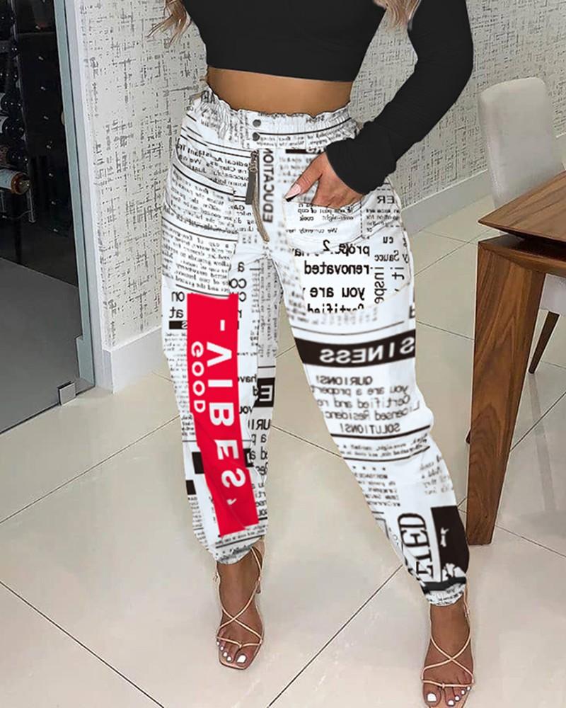 newspaper print zipper pocket design shirring detail casual pants