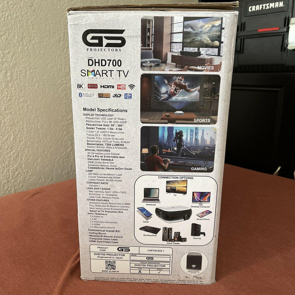 gs dhd700 hd smart tv 8k hdmi desktop projector - black&amp;white.