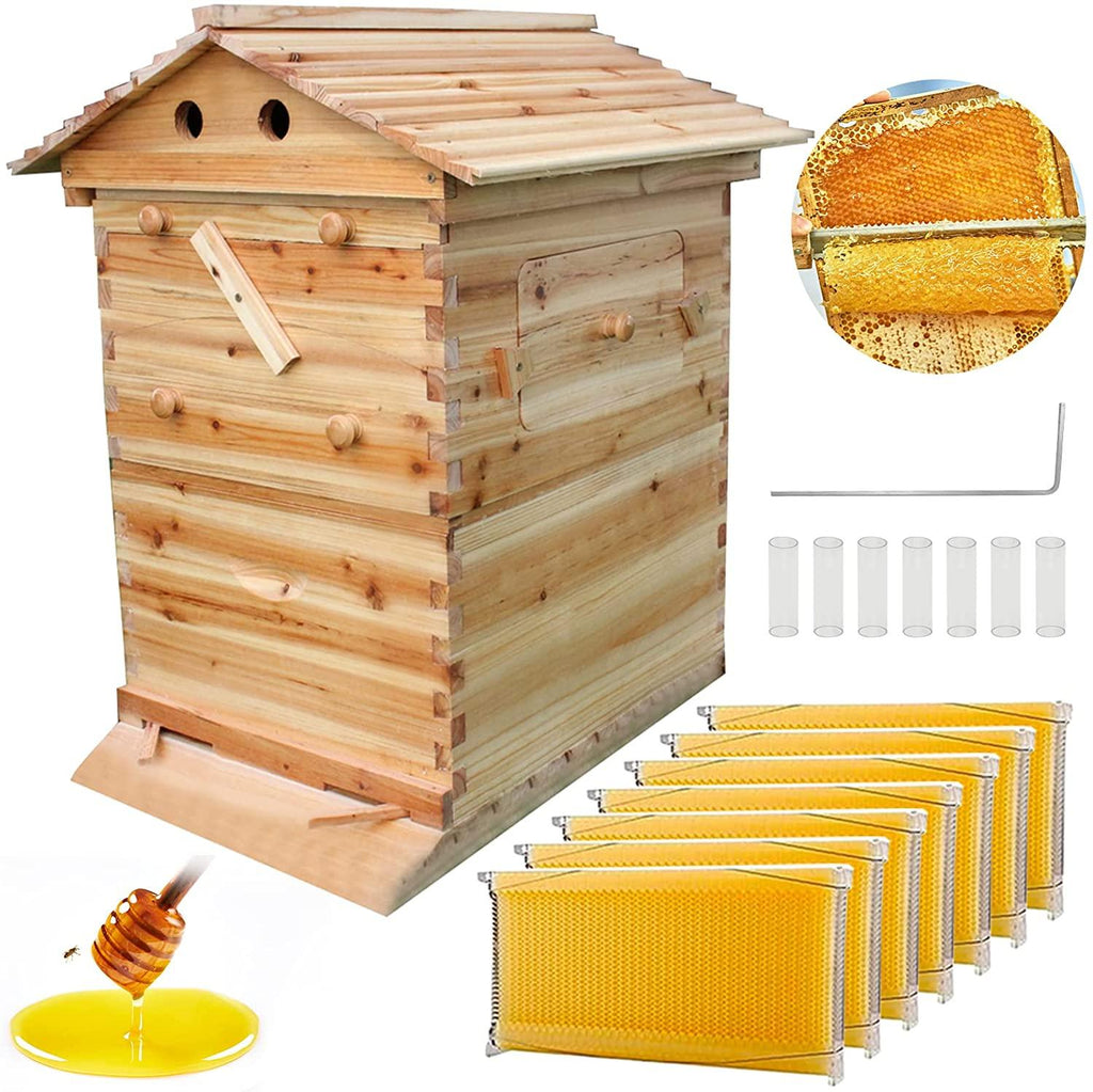 flow hive beehive kit,wooden beekeeping house beehive boxes with 7 pcs auto bee hive frame for beginning professional beekeepers