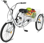 Adult Tricycles 7 Speed, Adult Trikes 24inch 3 Wheel Bikes, Three-Wheeled Bicycles Cruise Trike with Shopping Basket for Seniors, Women, Men