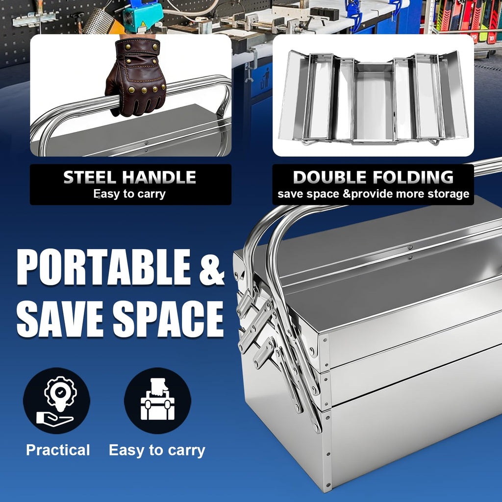 Metal Cantilever Tool Box, 3-Tier 5 Tray Fold Out  Steel Tool Box with Handle, 14" Stack-able Portable Tool StoraBox Organizers Chest for Household Factory Warehouse Repair Shop