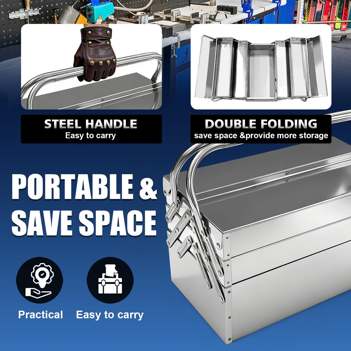 Metal Cantilever Tool Box, 3-Tier 5 Tray Fold Out  Steel Tool Box with Handle, 14" Stack-able Portable Tool StoraBox Organizers Chest for Household Factory Warehouse Repair Shop