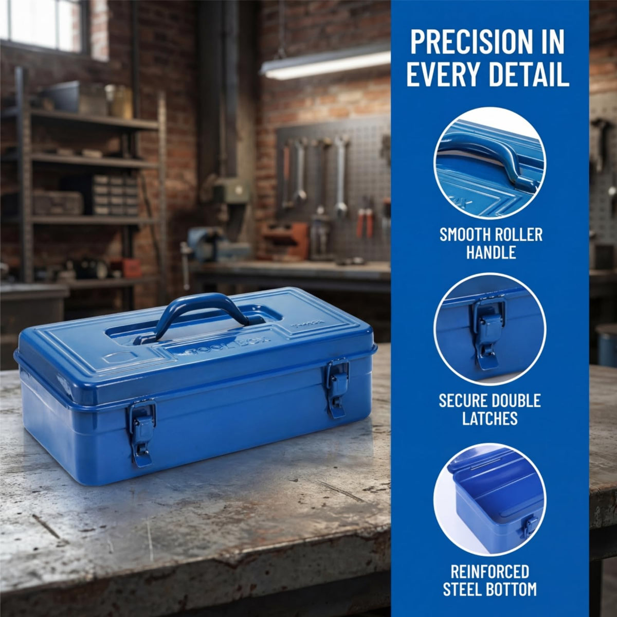 Portable Steel Tool Box, 16 Inch Metal Tool Organizer Box with Double Latch Closure and Handle, Heavy Duty StoraToolbox Chest for Workshop, Garage, Warehouse, Household, Blue
