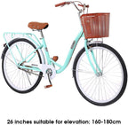TOUNTLETS Womens Beach Cruiser Bike-26 Inch Unisex Classic Iron Bicycle with Basket Retro Bicycle Unique Art Deco Scooter,Road Bike,Seaside Travel Bicycle,Comfortable Commuter Bicycle
