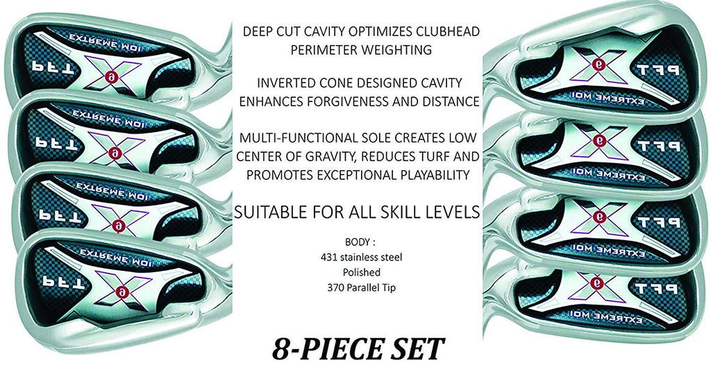 Left Handed PFT X9 Extreme MOI Iron Set +1 inch Over Big &amp; Tall Senior Men's Complete 8-Piece Set (4-SW) Senior Flex A Flex Club (Tall 6'0"+ / +1" Over) with Premium Men's Arthritic Golf Grip