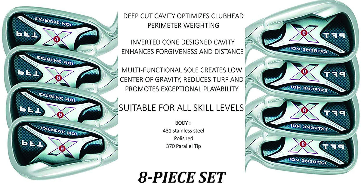 Left Handed PFT X9 Extreme MOI Iron Set +1 inch Over Big &amp; Tall Senior Men's Complete 8-Piece Set (4-SW) Senior Flex A Flex Club (Tall 6'0"+ / +1" Over) with Premium Men's Arthritic Golf Grip