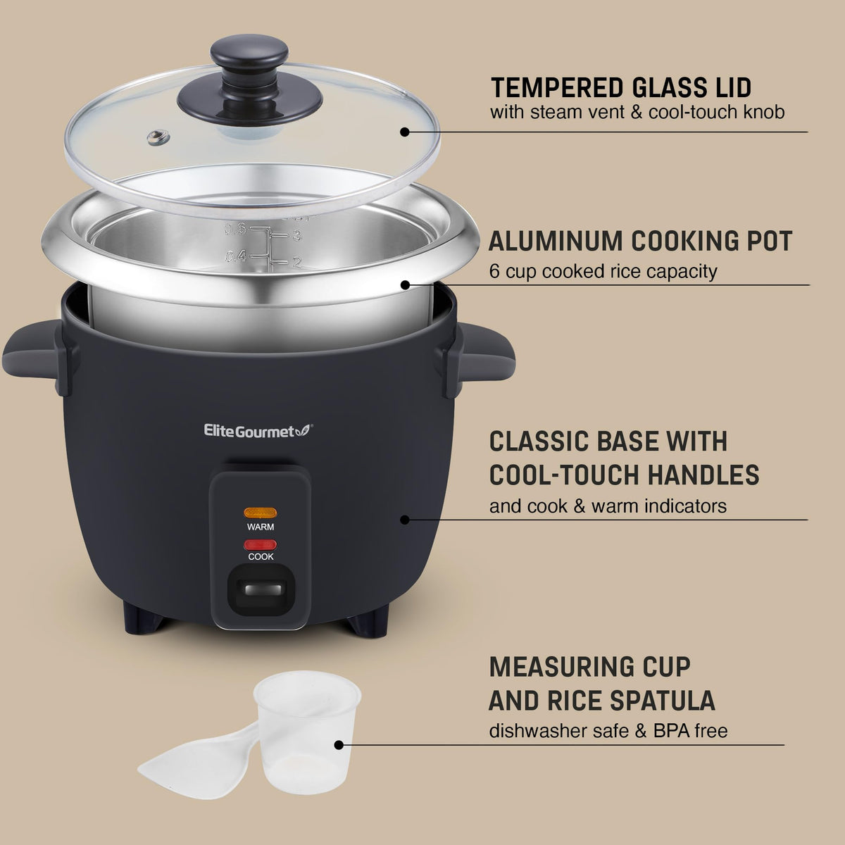 ERC003BX Electric Rice Cooker with Automatic Keep Warm Makes Soups, Stews, Grains, Hot Cereals, 6 Cups Cooked (3 Cups Uncooked), Black