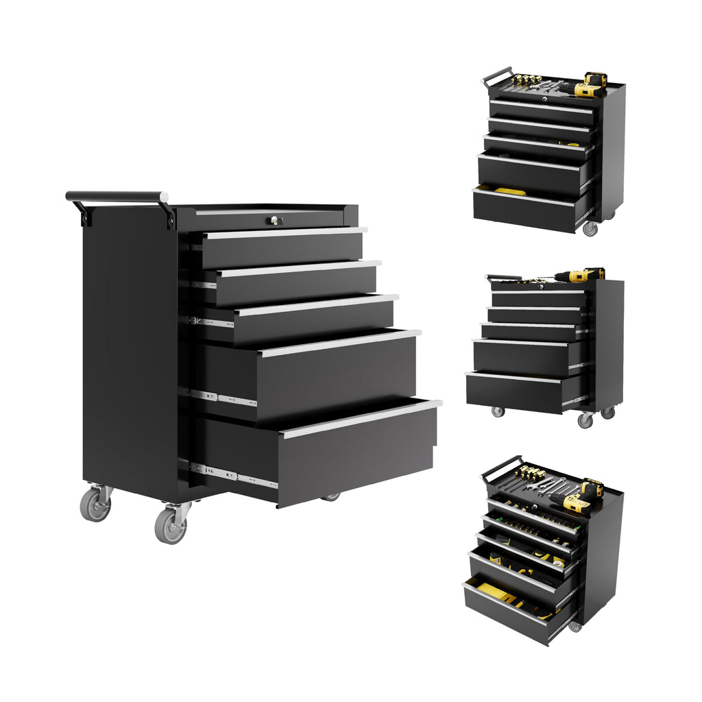 Rolling Tool Chest with Wheels, 5 Drawer Tool StoraCabinet, Portable Toolbox Organizer with Lock, Heavy Duty Tool Chest Cart for Garage, Mechanic, Workshop, Shop, Mobile Tool Organizer, Black