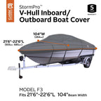 21 ft. 6 in. to 22 ft. 6 in. L, Beam Width to 104 in. W StormPro Charcoal V-Hull Inboard/Outboard Boat Cover Fits