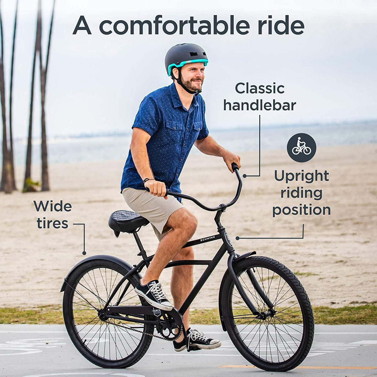 Schwinn Mikko &amp; Huron Adult Beach Cruiser Bike, Featuring Steel Step-Over or Step Through Frames, 1, 3, 7-Speed Drivetrains, Multiple Colors