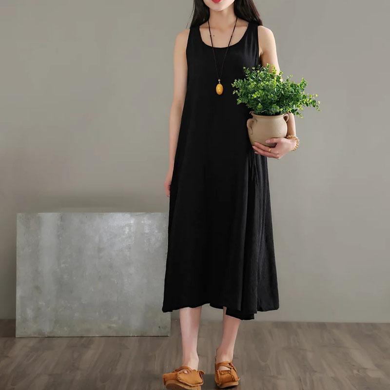 Babakud Summer Solid Color Cotton Linen Loose Sleeveless Dress