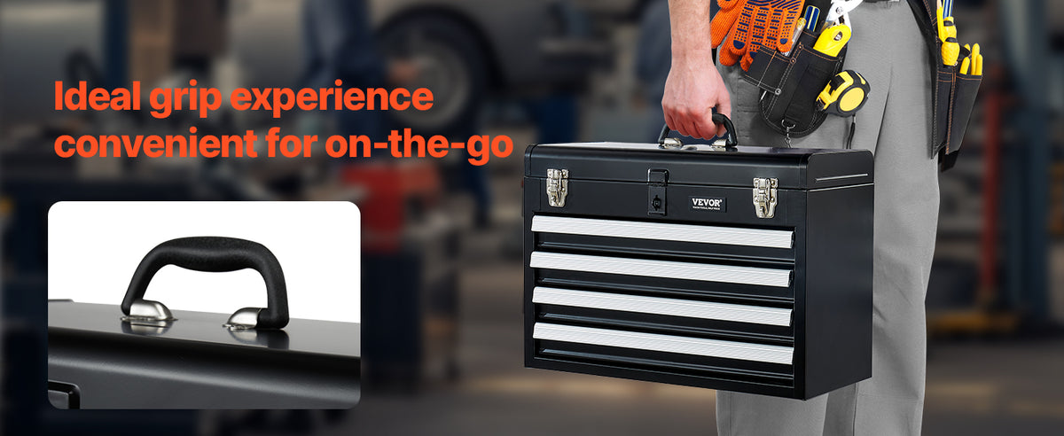 Metal Tool Box, 20.5-inch, Portable Metal Tool Box with 4 Drawers, Small Tool Chest with EVA Liners, Ball Bearing Slide Drawers Loc& Powder Coated Finish, Multi-Function Tool Organizer