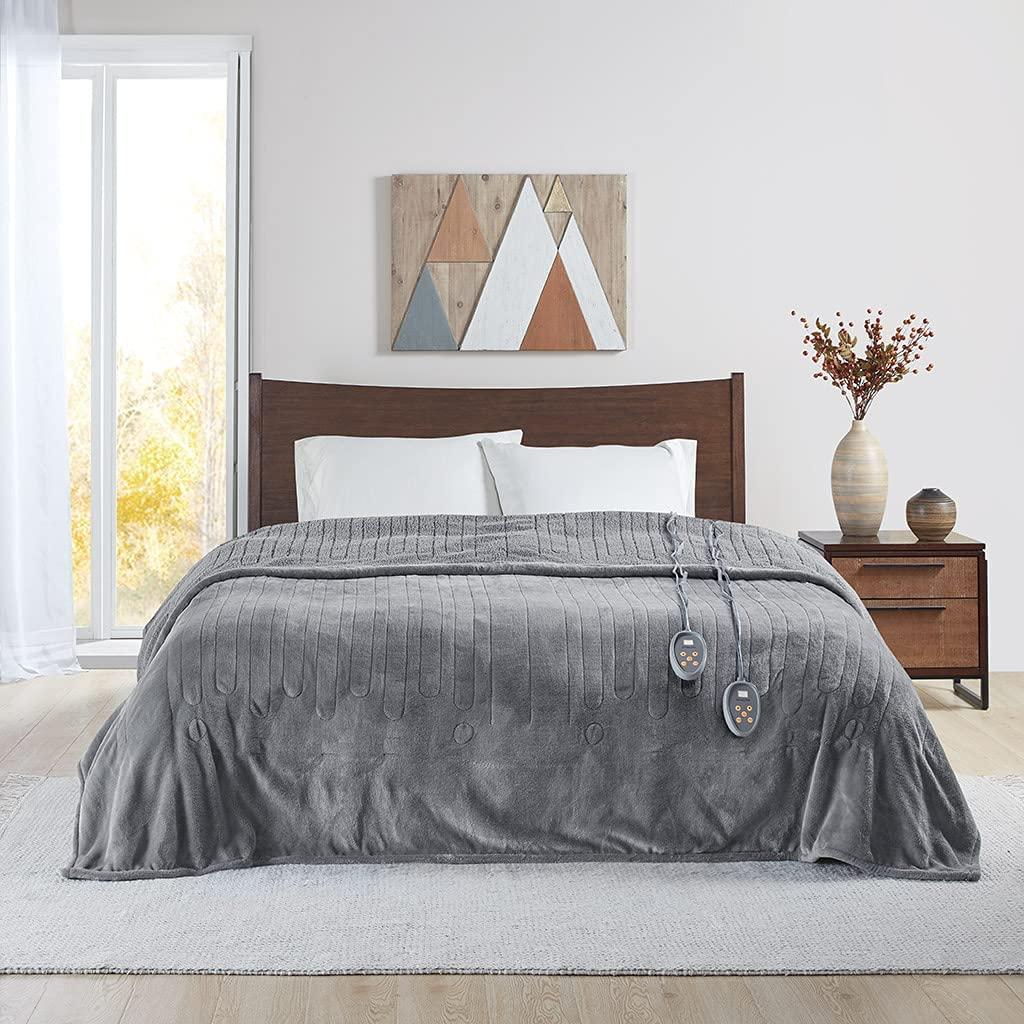 Beautyrest Reversible Microlight to Sherpa Electric Blanket, Auto Shut Off, Virtually Zero EMF, Multi Heat Setting, UL Certified, Machine Washable, Grey (90 inx100 in)