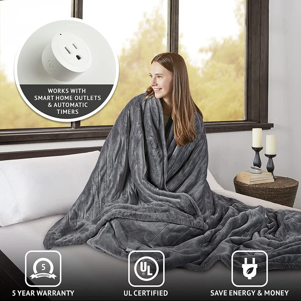 Beautyrest Reversible Microlight to Sherpa Electric Blanket, Auto Shut Off, Virtually Zero EMF, Multi Heat Setting, UL Certified, Machine Washable, Grey (90 inx100 in)