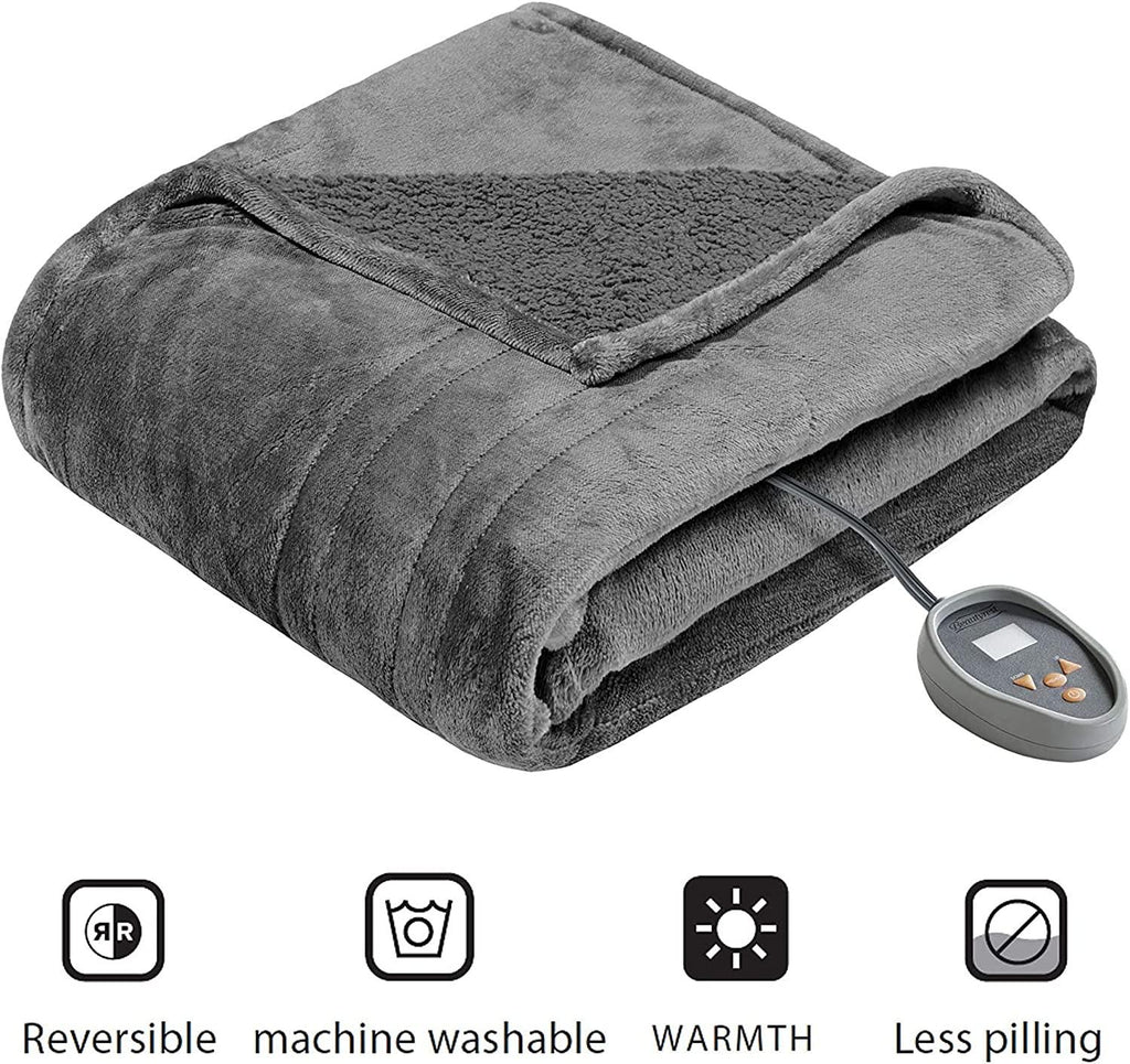 Beautyrest Reversible Microlight to Sherpa Electric Blanket, Auto Shut Off, Virtually Zero EMF, Multi Heat Setting, UL Certified, Machine Washable, Grey (90 inx100 in)