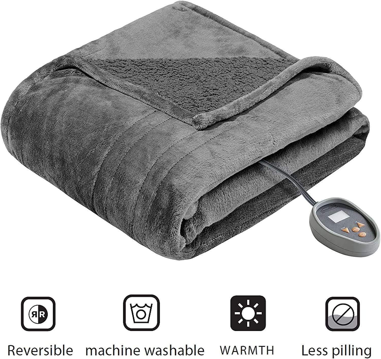 Beautyrest Reversible Microlight to Sherpa Electric Blanket, Auto Shut Off, Virtually Zero EMF, Multi Heat Setting, UL Certified, Machine Washable, Grey (90 inx100 in)