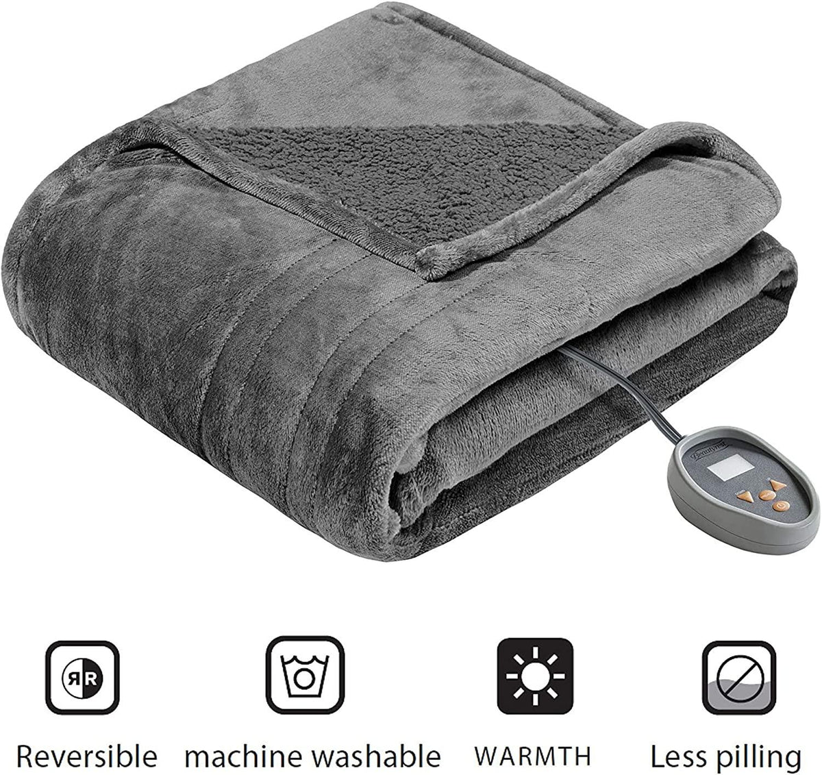 Heated Microlight to Berber Elect Electric Blanket with Two 20 Heat Level Setting Controllers, Queen: 84x90, Grey,BR54-0418