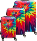 ful Tie-Dye Rolling Luggage Set, Hardside Travel Suitcases with Spinner Wheels, 28, 24, and 22 Inches, Rainbow