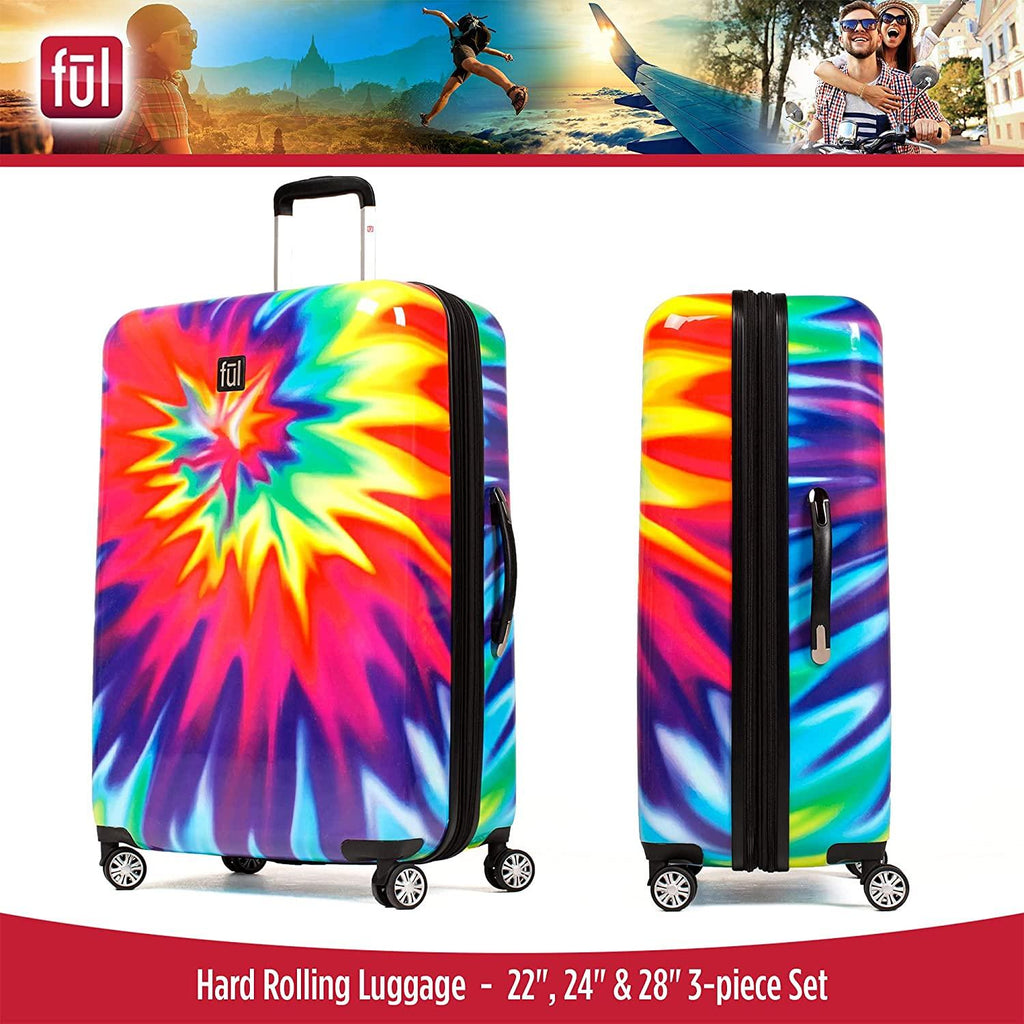 ful Tie-Dye Rolling Luggage Set, Hardside Travel Suitcases with Spinner Wheels, 28, 24, and 22 Inches, Rainbow