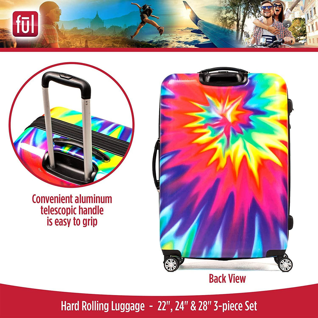 ful Tie-Dye Rolling Luggage Set, Hardside Travel Suitcases with Spinner Wheels, 28, 24, and 22 Inches, Rainbow