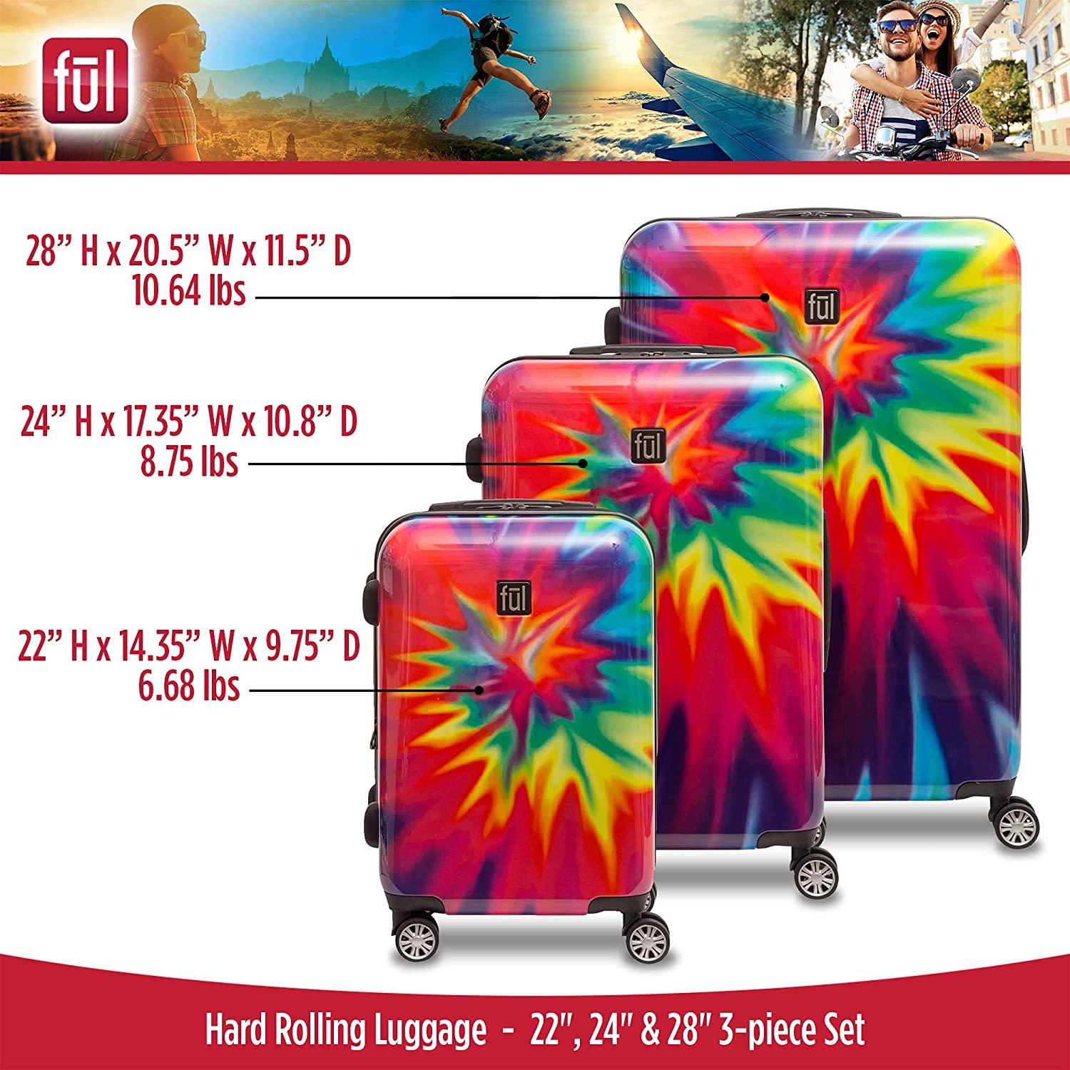 ful Tie-Dye Rolling Luggage Set, Hardside Travel Suitcases with Spinner Wheels, 28, 24, and 22 Inches, Rainbow