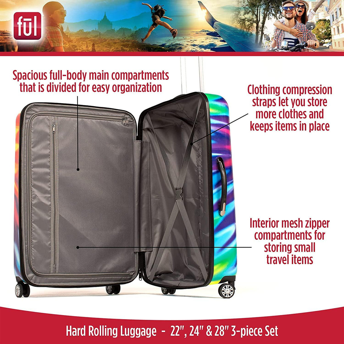 ful Tie-Dye Rolling Luggage Set, Hardside Travel Suitcases with Spinner Wheels, 28, 24, and 22 Inches, Rainbow