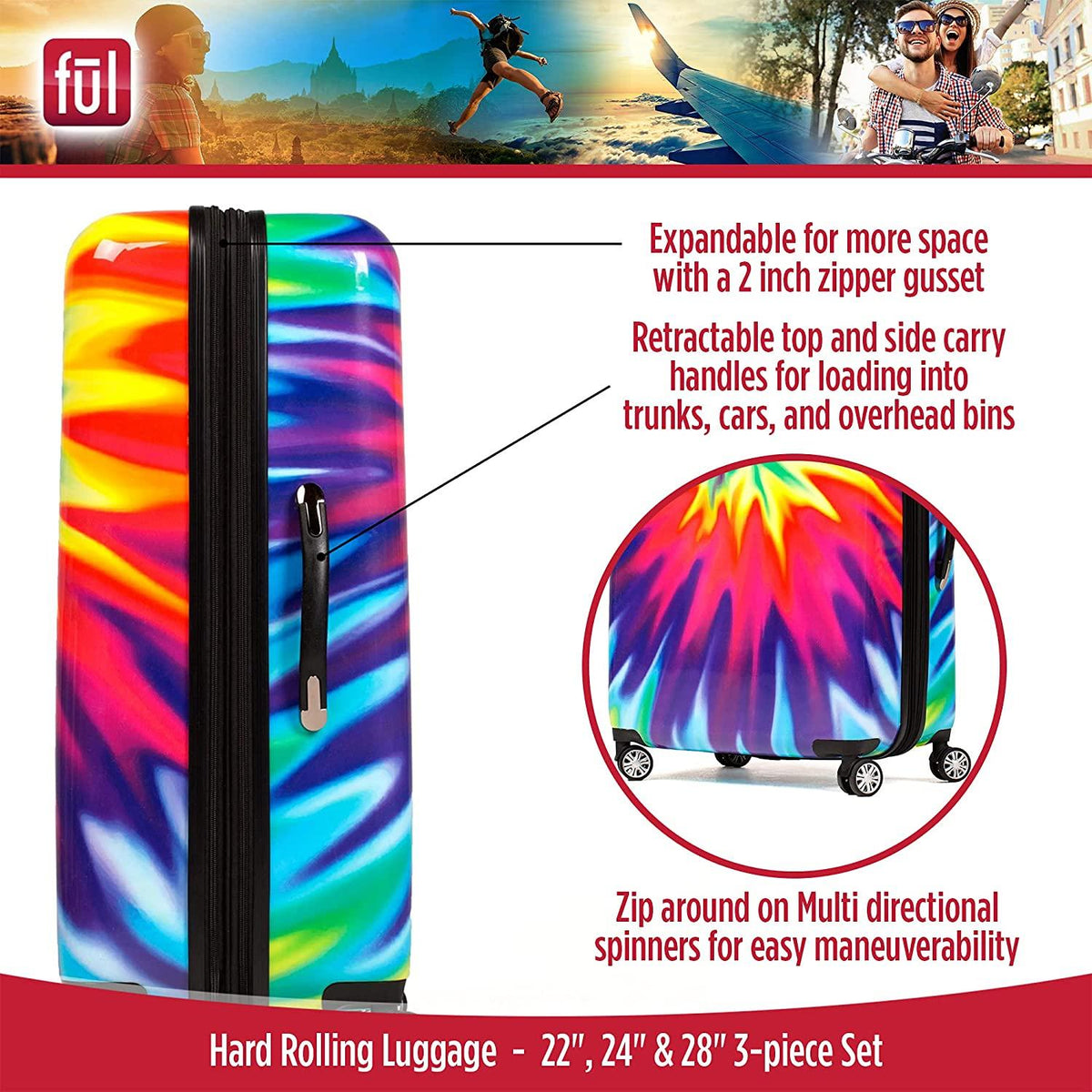 ful Tie-Dye Rolling Luggage Set, Hardside Travel Suitcases with Spinner Wheels, 28, 24, and 22 Inches, Rainbow