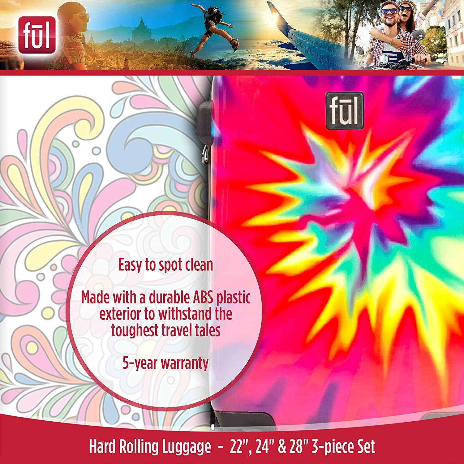 ful Tie-Dye Rolling Luggage Set, Hardside Travel Suitcases with Spinner Wheels, 28, 24, and 22 Inches, Rainbow