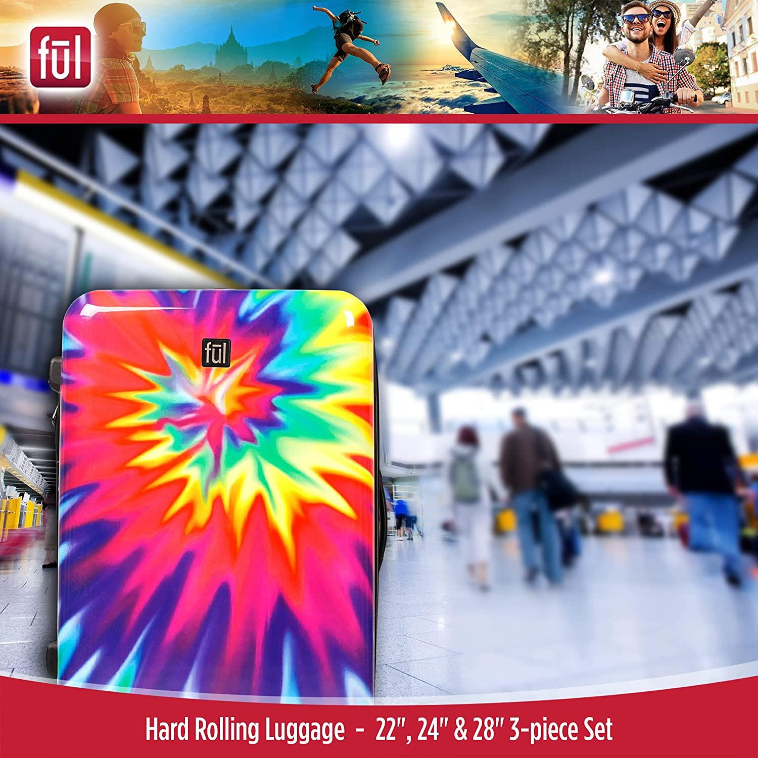 ful Tie-Dye Rolling Luggage Set, Hardside Travel Suitcases with Spinner Wheels, 28, 24, and 22 Inches, Rainbow