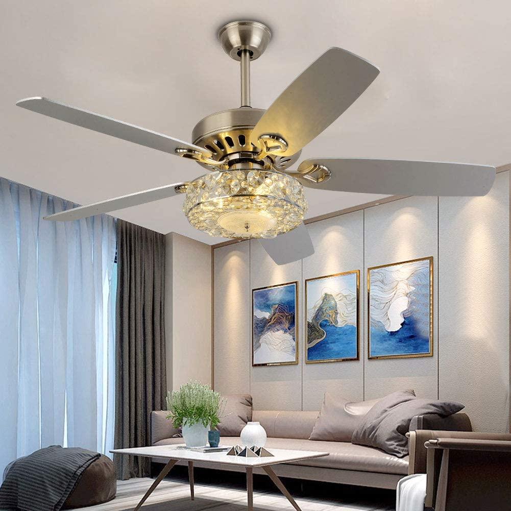 WUZSTAR 52" Modern Crystal Ceiling Fan Light ,3 Speed Chandelier Fan with Remote 5 Reversible Blades for Home Living Room
