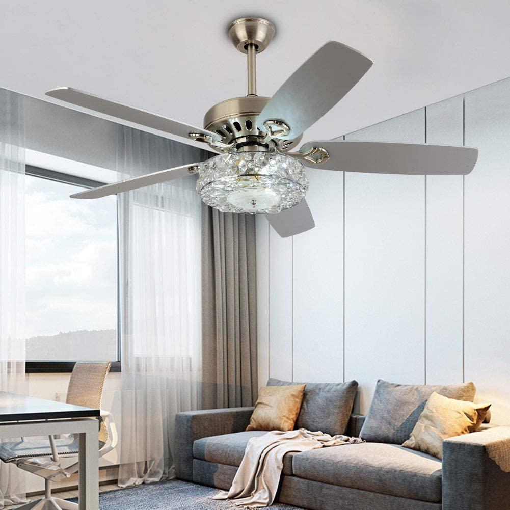 WUZSTAR 52" Modern Crystal Ceiling Fan Light ,3 Speed Chandelier Fan with Remote 5 Reversible Blades for Home Living Room