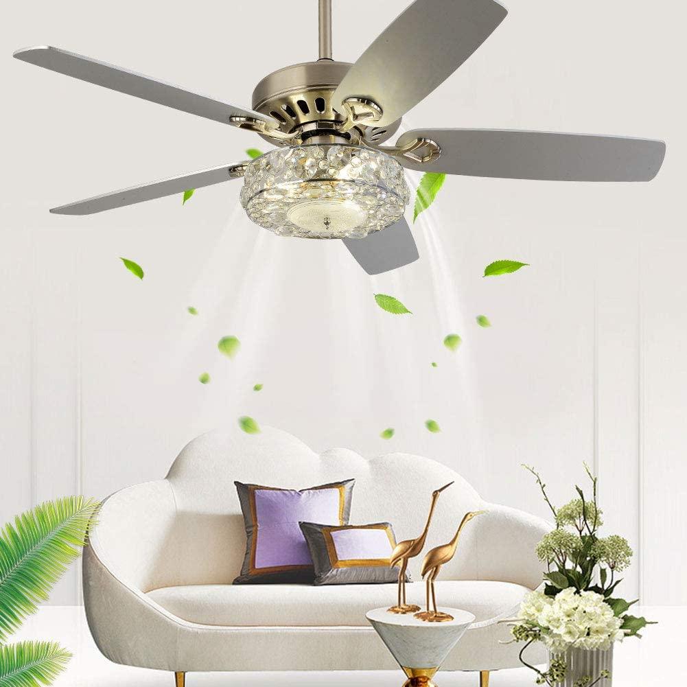 WUZSTAR 52" Modern Crystal Ceiling Fan Light ,3 Speed Chandelier Fan with Remote 5 Reversible Blades for Home Living Room