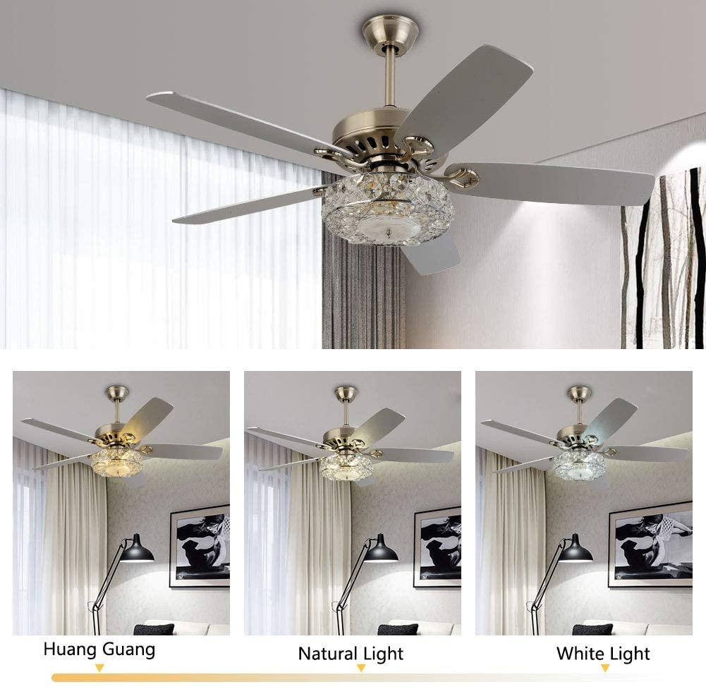 WUZSTAR 52" Modern Crystal Ceiling Fan Light ,3 Speed Chandelier Fan with Remote 5 Reversible Blades for Home Living Room
