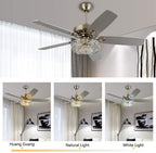 WUZSTAR 52" Modern Crystal Ceiling Fan Light ,3 Speed Chandelier Fan with Remote 5 Reversible Blades for Home Living Room
