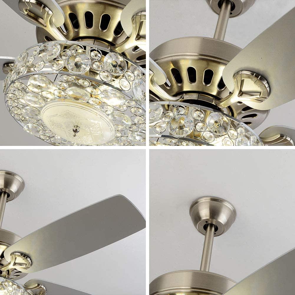 WUZSTAR 52" Modern Crystal Ceiling Fan Light ,3 Speed Chandelier Fan with Remote 5 Reversible Blades for Home Living Room
